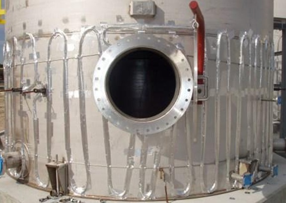 Heat trace protection applied to a tank, with vapor barrier removed.