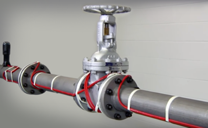 Heat trace protection applied to a valve, with vapor barrier removed.